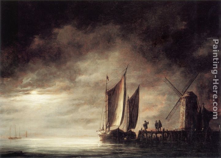 Dordrecht Harbour by Moonlight painting - Aelbert Cuyp Dordrecht Harbour by Moonlight art painting